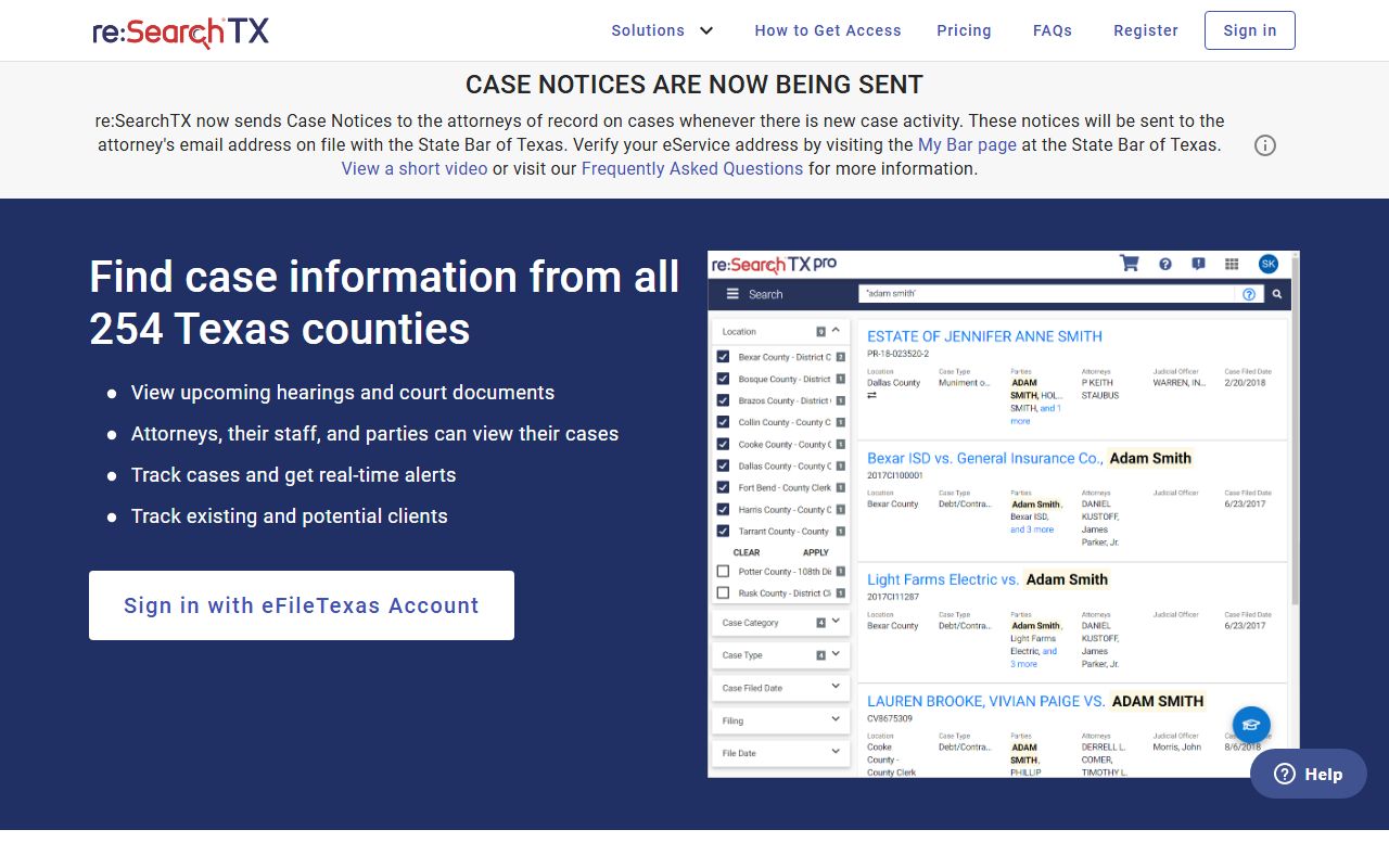 re:SearchTX statewide court records search home page